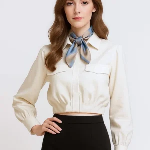 Faux Pocket-Cropped Shirt with Silk Neck Tie