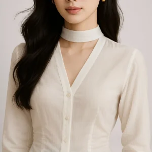 Sheer Scarf-Neck Button Shirt