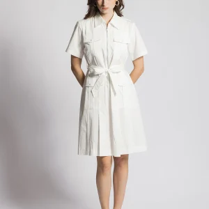 Self-Tie Shirt Collar Pleated Short Dress